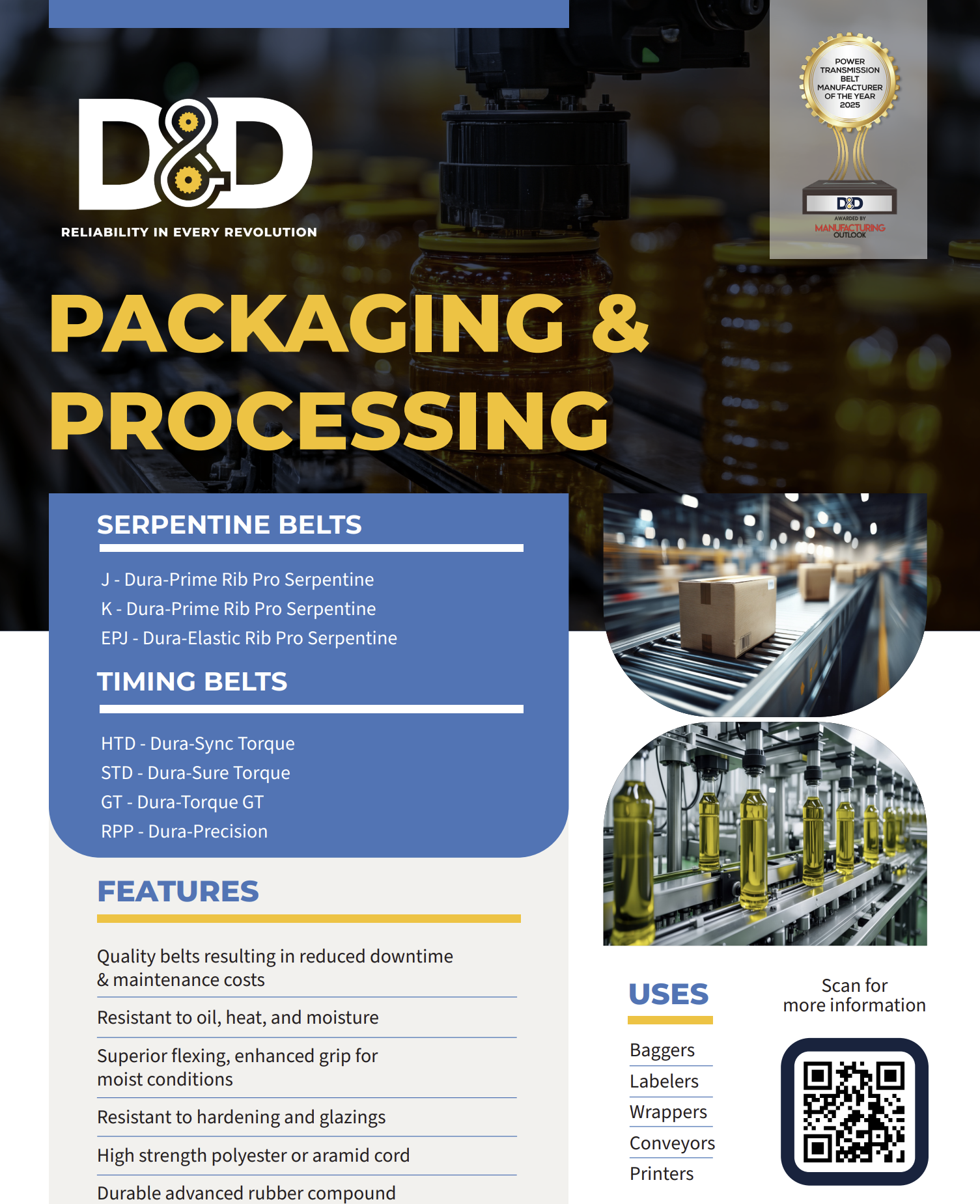 Informational flyer showcasing packaging and processing industry belt solutions including conveyor belts, timing belts, and V-belts